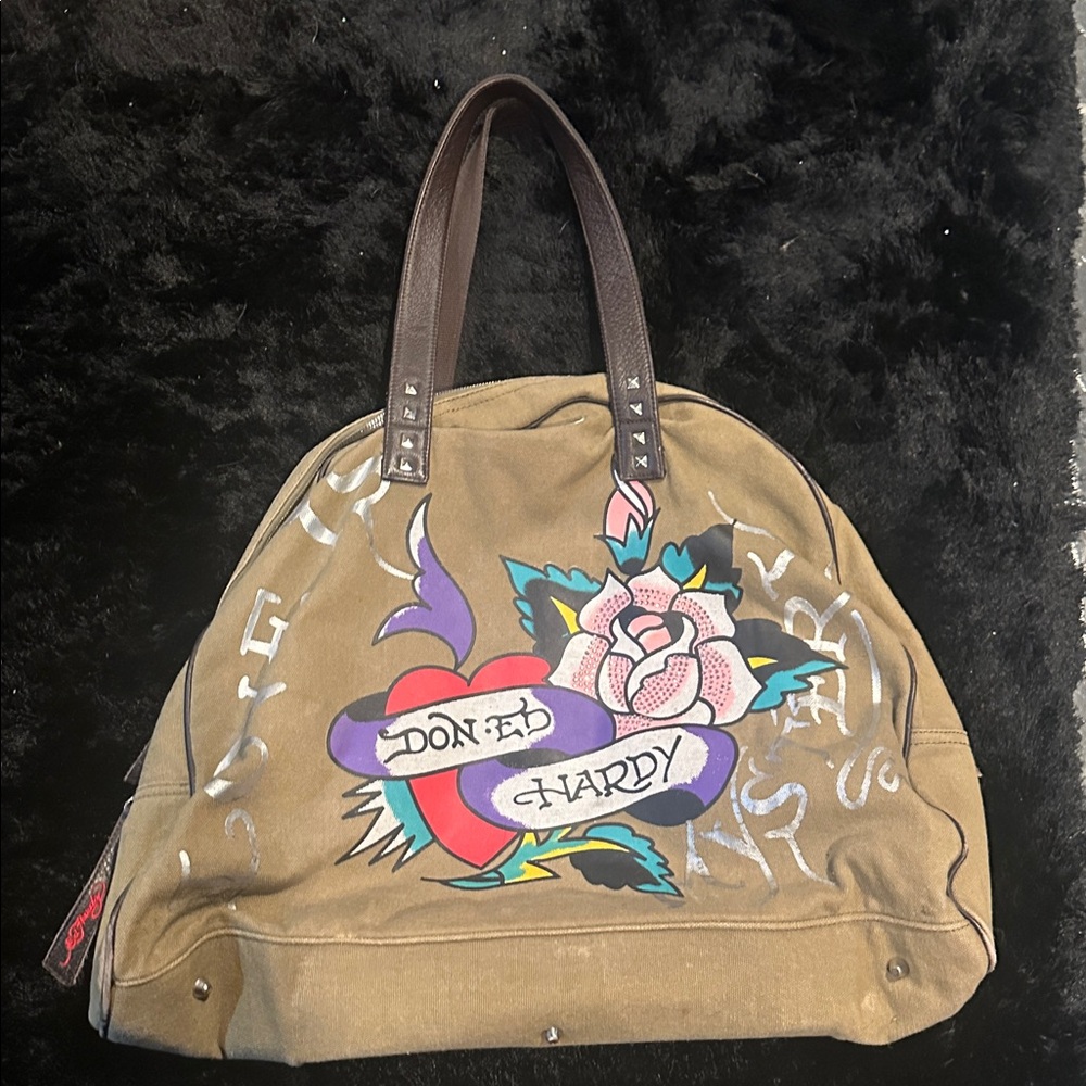 Ed Hardy army GreenTote with Heart and Rose Design